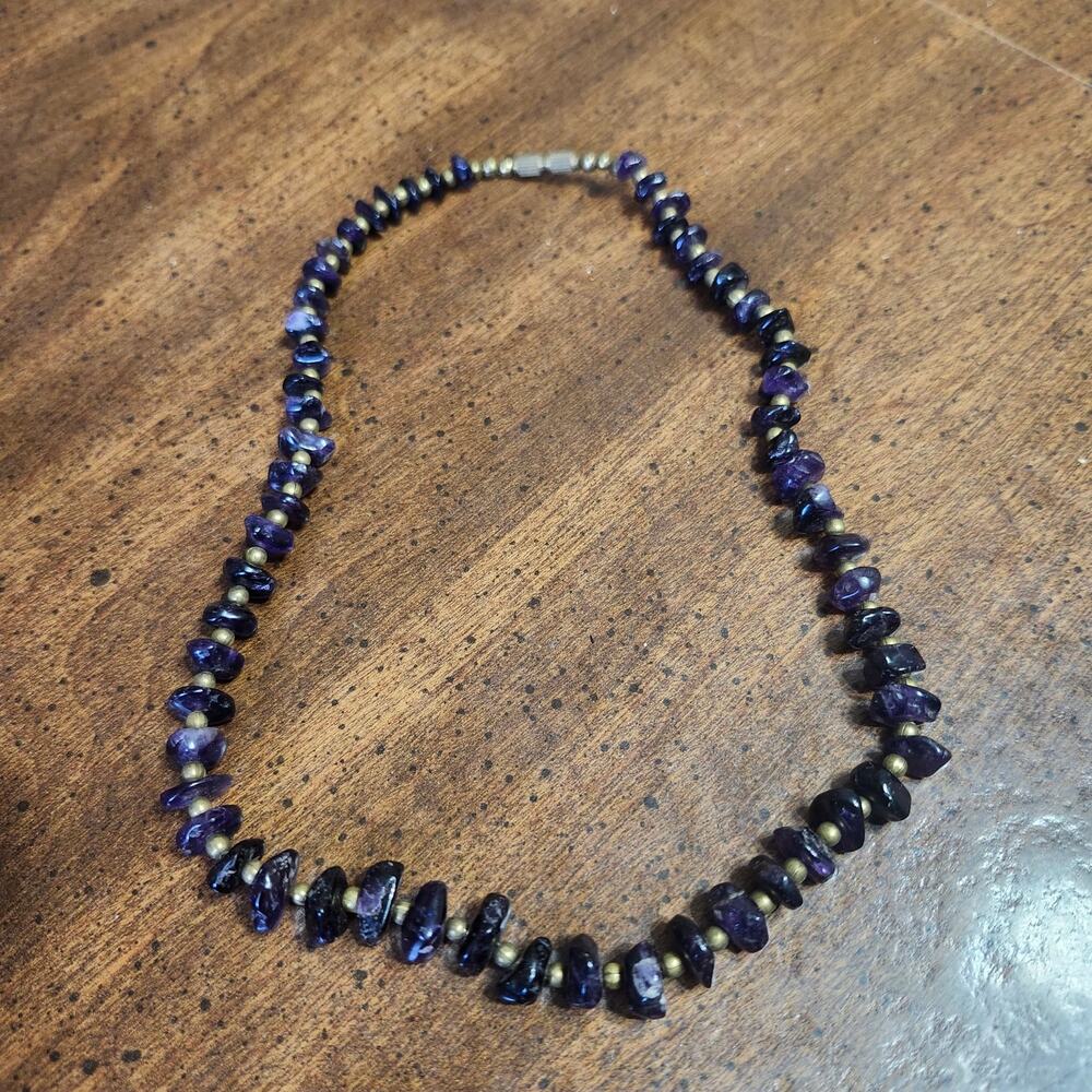 Vintage Amethyst Chip Necklace Purple Gemstone Brass Tone Barrel Clasp Boho 17"